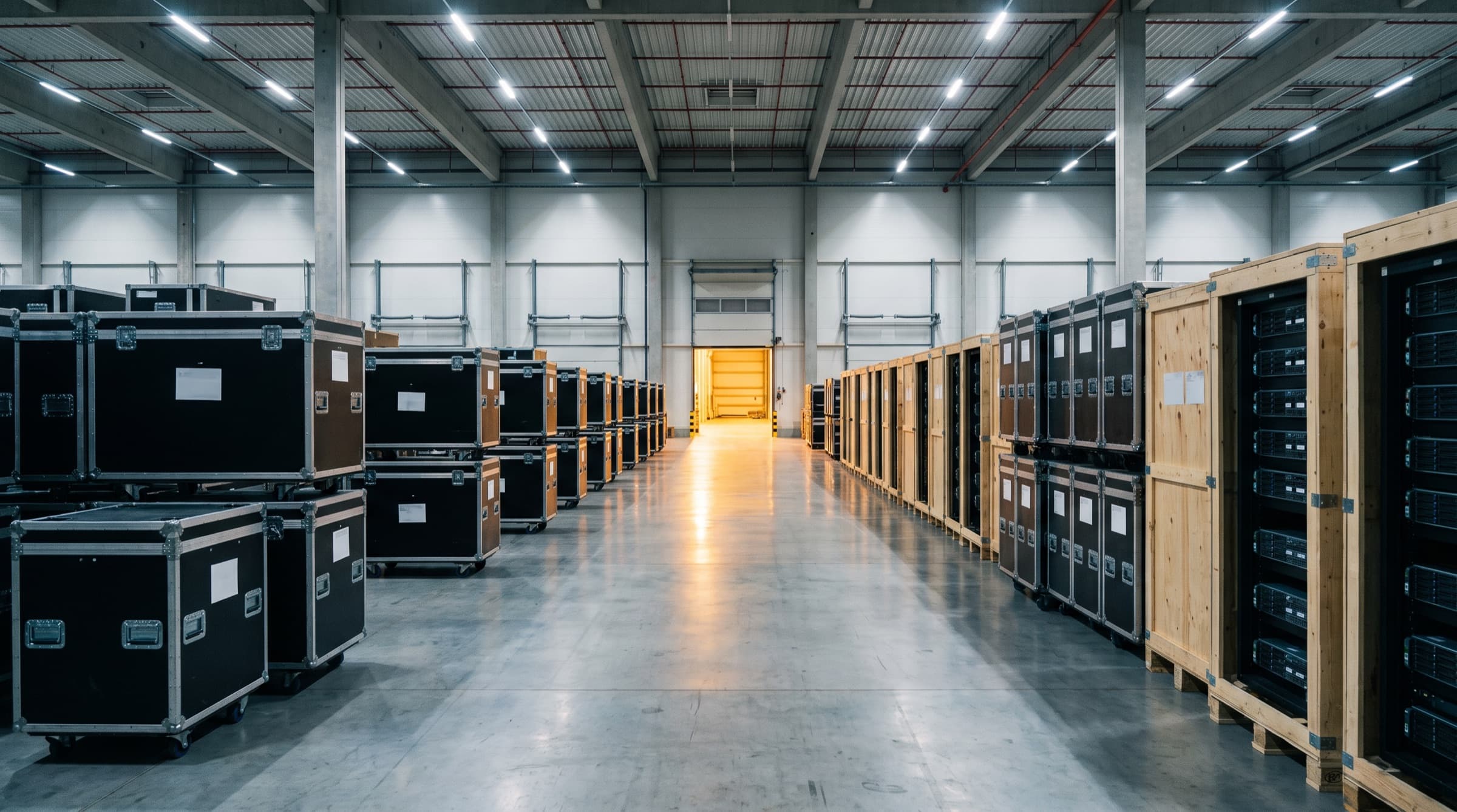 Flight cases and crated servers ready to ship in a warehouse