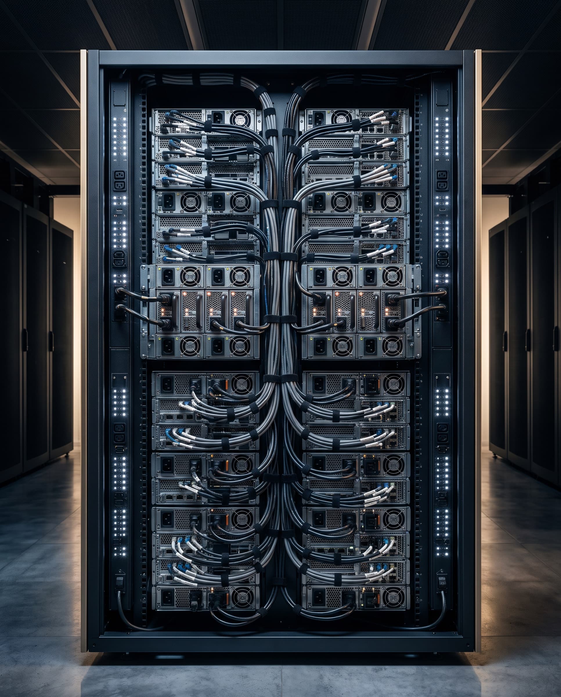 The rear of a GPU rack with power supplies and cabling